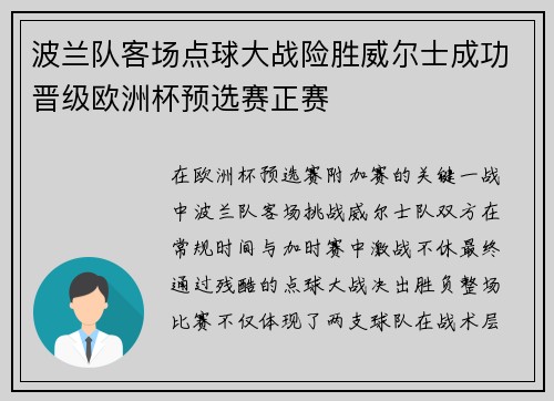 波兰队客场点球大战险胜威尔士成功晋级欧洲杯预选赛正赛